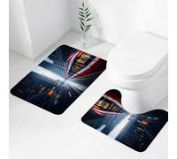 FEHWI Alfombra Baño 2 Piezas,Alfombrilla Antideslizante y Secado Rápido Lavable,Alfombrilla para Bañera,Baño,Ducha,WC,Tranvía Viajando por la Ciudad, Calles de la Ciudad Viajando bajo la Lluvia, tra