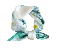 FEIBOON Bufanda de seda de morera para el cuello, 21 x 21 pulgadas, bufanda cuadrada pequeña, bufanda para el cabello, bandana para mujer, paquete de regalo, Elegantes flores blancas y verdes, 53 cm