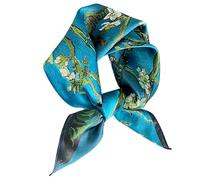 FEIBOON Pañuelo de seda de morera para el cuello, bufanda cuadrada pequeña de 21 x 21 pulgadas, pañuelo para el pelo para mujer, empaquetado de regalo, Flores verdes azules, 53 cm