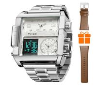 FEICE Wathes FK030 - Reloj de pulsera analógico digital LED de cuarzo para hombre, reloj de negocios, cronógrafo cuadrado, calendario 24 horas, correa de cuero, esfera grande única FK030 (plateado +