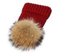 feifanshop - Gorro cálido con pompón de piel auténtica de mapache, gorro de esquí con pompón de piel, Raccoon, borgoña, Talla única