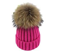 feifanshop - Gorro cálido con pompón de piel auténtica de mapache, gorro de esquí con pompón de piel, Raccoon, Rosa intenso., Talla única