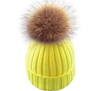Feifanshop - Gorro de lana para mujer con pompón de pelo auténtico, para invierno amarillo fluorescente Talla única