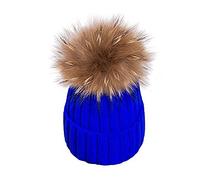 Feifanshop - Gorro de lana para mujer con pompón de pelo auténtico, para invierno azul cobalto Talla única
