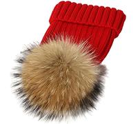 Feifanshop - Gorro de lana para mujer con pompón de pelo auténtico, para invierno rojo Talla única