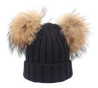 feifanshop Gorro de lana unisex para mujer, gorro de punto, pompón de pelo grande, mapache de piel, pompón de punto, gorro de invierno, Negro , Talla única