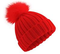 feifanshop - Gorro de punto de invierno para mujer, pelo de zorro, con pompón rojo Talla única