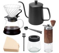 FEIGO Juego de Molinillo de Café Manual de 7 Piezas,Juego de Cafetera para Verter con Hervidor, Café de Goteo Manual,Juego de Regalo para Cafetera,Adecuado para Viajar Desde Casa(100 Papel Filtro)