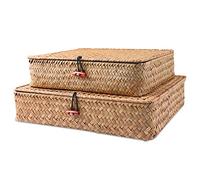 FEILANDUO Canastas de almacenamiento con tapas, cestas de almacenamiento de mimbre para estantes organizadores, cajas organizadoras tejidas de ratán de hierba marina natural, decoración del hogar