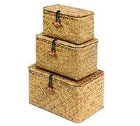 FEILANDUO Juego de 3 cestas de estante con tapa, caja de almacenamiento de hierba marina tejida a mano, cesta de mimbre, organizador de maquillaje de escritorio, contenedor multiusos (original (S/M/L)