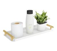 FEILERN Bandeja decorativa de metal rectangular con asa, pequeña bandeja decorativa blanca y dorada, bandeja antideslizante para papel higiénico, dispensador de jabón, cosméticos, cocina y baño, 35,5