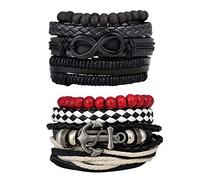 Feilok Juego de 4/8 pulseras de piel para hombre, pulseras de piel, infinito, ancla para mujer, longitud trenzada, elástica, pulsera de perlas de madera, ajustable, 17 cm, Cuero, Perla