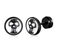 feilok Pendientes de orejas redondas con cabeza de esqueleto punk, acero inoxidable negro para hombres y mujeres