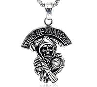 Feilok "Sons of Anarchy - Collar con colgante de acero inoxidable, diseño de calavera con arma de fuego, color plateado, acero inoxidable, sans_pierre, Acero inoxidable, sin piedra