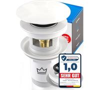 FEINER® Desagüe universal para lavabo, color blanco brillante, apto para lavabos y lavabos con y sin rebosadero, tapón extraíble con atrapasueños, juntas e instrucciones de instalación (idioma español
