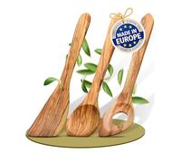 FEINHOLZ Juego de 3 Utensilios de Cocina de Madera de Olivo - Set de Cucharas Premium: Cuchara, Cuchara para Risotto y Espátula - Hecho a Mano, Antibacteriano - Idea de Regalo