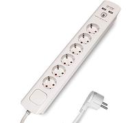 FeinTech MD000633 Regleta de 6 enchufes con Cable USB de 3 m, Blanco