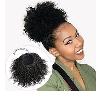 FEIPRO Colas de caballo con cordón natural, 100% cabello humano real, para mujeres africanas, negras, niñas, niños, bollos cortos afro, rizados y rizados con 2 peines estables (8 pulgadas, negro natural #1B)