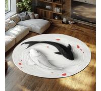 FEIPUHOME Art Estilo japonés Yin Yang Decoración del hogar Alfombras Redondas para Interiores/Exteriores Koi Fish Alfombra Blanca y Negra para áreas de Alto tráfico Pila Baja Antideslizante 200x200cm
