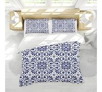 FEIPUHOME Art Vintage Exotic Style Duvet Cover Set Luxury Abstract Comforter Cover White & Blue Lattice and Flowers Print Duradero Bedding Set 260x240cm