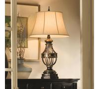 FEISS Lámpara de mesa Augustine, 90 cm, marrón antiguo/crema, textil, E27 True