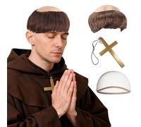 Feithmonic Peluca de Monje Hombre, Marrón Peluca Monje con Cruz y Redecilla Pelo, Gorro Pelucas Tonsura Semi Calva de Látex, Disfraz para Adultos Halloween Fiesta Rol Medieval Cosplay Carnaval-Juego 3