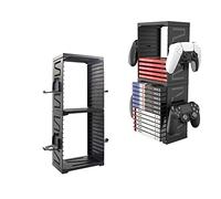 Feiuan Torre de Almacenamiento de Juegos para PS5 PS4, Doble Capa Multifuncional Titular de Disco Organizador para hasta 24 Juegos/BLU-Ray y 4 mandos para PS4 Slim Pro, X-Box One,Series X,NS Switch