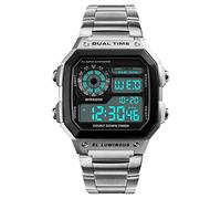 FeiWen Deportivo Digitales Relojes de Unisex 50M Impermeable Outdoor Militar Multifuncional LED Electrónica Doble Tiempo Alarma Plástico Reloj de Pulsera con Acero Inoxidable Correa (Plateado)