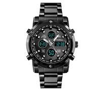 FeiWen Hombre Relojes Fashion Casual Cuarzo Analógico LED Digitales Electrónica Tres Tiempo Multifuncional Acero Inoxidable Reloj de Pulsera Cronógrafo Alarma 12H/24H (Negro)