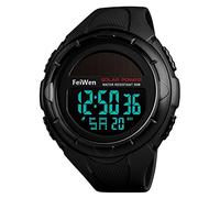 FeiWen Solar Relojes de Unisex 50M Impermeable Outdoor Militar LED Electrónica Multifuncional Digitales Deportivo Reloj de Pulsera Plástico Bisel con Goma Correa (Negro)