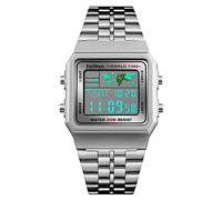 FeiWen Unisex Digitales Relojes de Pulsera Outdoor Militar LED Electrónica Deportivo Reloj Multifuncional Alarma 12H/24H Doble Tiempo Plástico Bisel con Acero Inoxidable Correa (Plateado)