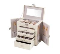 FEIYAN Joyero para mujer, organizador de joyas de cuero de 5 capas con cajones/espejo, caja de joyería blanca grande para collares, anillos, aretes, relojes (blanco)