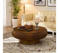 FeiZhiYanS Mesa de Centro Redonda rústica Acanalada, Moderna Mesa de Centro Circular Acanalada, mesas Bajas centrales con Chapa de Madera Maciza y Base Resistente,Os