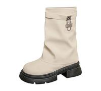 Feizikaw Botas de Combate Mujer Botines de tacón grueso para mujer, estilo retro, versátiles, tubo, hasta media pantorrilla