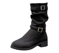 Feizikaw Botas de Combate Mujer Elegantes botas de media pantorrilla para mujer con hebilla metal y elegante diseño punta puntiaguda para una comodidad durante todo el día y una moda versátil.