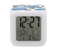 FekiLoot Reloj despertador con patrón de hortensias azules, 7 colores cambiantes, con pantalla LED, visualización de temperatura, relojes digitales para oficina, sala de estar, dormitorio
