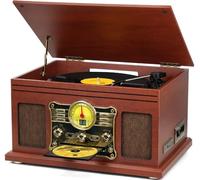 FEKTIK Reproductor de Discos Bluetooth 10 en 1, Tocadiscos de 3 velocidades para Vinilo con Altavoces, convertidor de LP a MP3, CD, Reproductor de Cassette, Radio FM, transmisión inalámbrica, Caoba