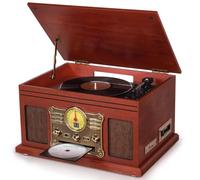 FEKTIK Reproductor de Discos Bluetooth 10 en 1, Tocadiscos de 3 velocidades para Vinilo con Altavoces, convertidor de LP a MP3, CD, Reproductor de Cassette, Radio FM, transmisión inalámbrica, Caoba