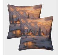 FELASBUID Acogedora cabaña-Escena de montaña de Invierno Fundas Cojines para Sofá 2 Piezas Arte Funda De Almohada Decorativo para Sala Funda Cojin De Estar Dormitorio 50x50cm