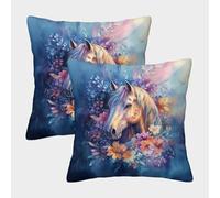 FELASBUID artee de Caballos Florales - ilustración de Animales de fantasía Fundas Cojines para Sofá 2 Piezas Arte Funda De Almohada Decorativo para Sala Almohadon Cubre De Estar Sofás Jardín 50x50cm