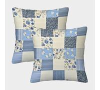 FELASBUID BlueFloralQuilt-ModernPatchworkStyle Fundas Cojines para Sofá 2 Piezas Arte Funda De Almohada Confortable Square Almohada Funda De Almohada De Estar Sofás Jardín 45x45cm