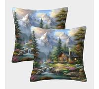 FELASBUID Cabaña de montaña - Arte del Paisaje rústico Fundas Cojines para Sofá 2 Piezas Disponible Todas Las Estaciones Funda De Almohada Modernas Decorativa Almohadas Fundas para Sala Hogar 40x40cm