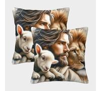 FELASBUID Jesús con el Cordero Lion Fundas Cojines para Sofá 2 Piezas Arte Funda De Almohada Decorativos Cuadrado Funda De Cojines De Estar Sofás Jardín 40x40cm