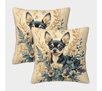 FELASBUID Perro Chihuahua - Ilustración Floral arteística Fundas Cojines para Sofá 2 Piezas Arte Funda De Almohada Decorativo para Sala Funda Cojin Sala Casa Decor 40x40cm