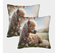 FELASBUID Pony en Flores Fundas De Cojín del Sofá Juego De 2 Arte Fundas De Almohada Decorativos Cuadrado Almohadon Cubre De Estar Dormitorio 45x45cm