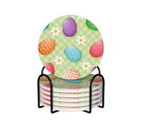 Felices Pascuas Huevos de Pascua Coloridos,Posavasos Redondos de cerámica, Almohadilla para Tazas, Juego de 6 Posavasos para Bebidas