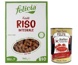 Felicia Fusilli di Riso Integrale Pasta con 100% arroz integral de la cadena de suministro italiana, orgánica y natural, sin gluten, paquete de 340 g + lata italiana Gourmet Polpa di Pomodoro de 400 g