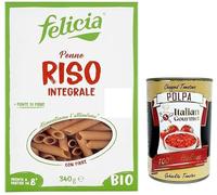 Felicia Penne di Riso Integrale - Pasta con arroz 100% marrón de la cadena de suministro italiana, orgánica y natural, sin gluten, paquete de 340 g + lata italiana gourmet Polpa di Pomodoro de 400 g