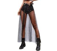 Feliciay Women 's Two in One Transparent Nethole Rock Shorts, Festivo Vestido de Mujer de Cintura Alta con Estrellas Brillantes con Pantalones Cortos, Falda de Malla de Estrellas,L