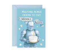 Felicitación de cumpleaños medieval, con texto en inglés "Welcome, Noble Friend, to Thy Middle Ages", caballero con diseño de tarta, tarjeta humorística para hombres, mujeres, marido, esposa, amigos